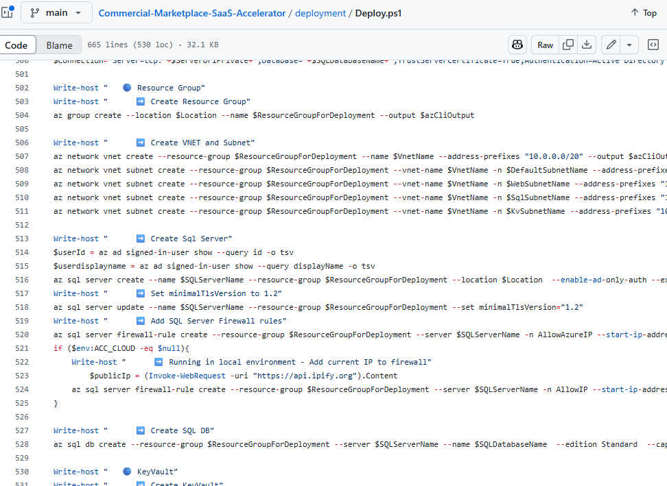 Snippet of the PowerShell script that provisions Azure resources in the Commercial Marketplace SaaS Accelerator