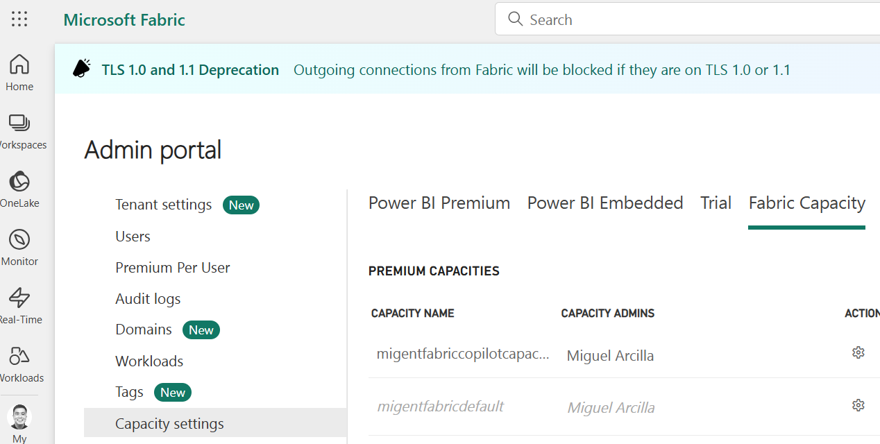 Fabric Portal showing the provisioned capacity