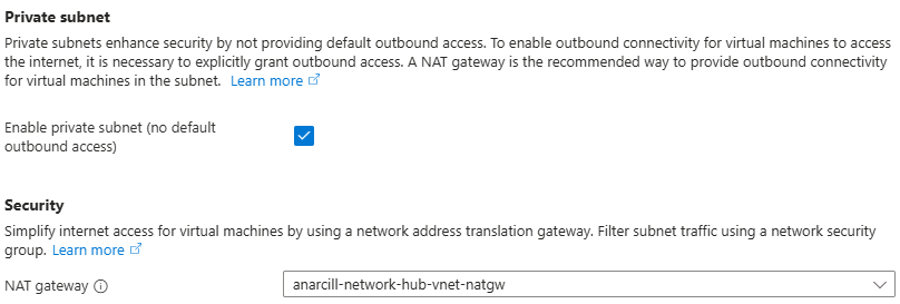 The Private Subnet setting in Azure Portal, with a NAT Gateway setting below.