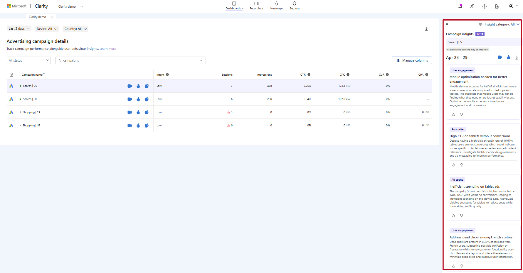 Campaign Insights can gather demographic and performance data of advertising in your apps.