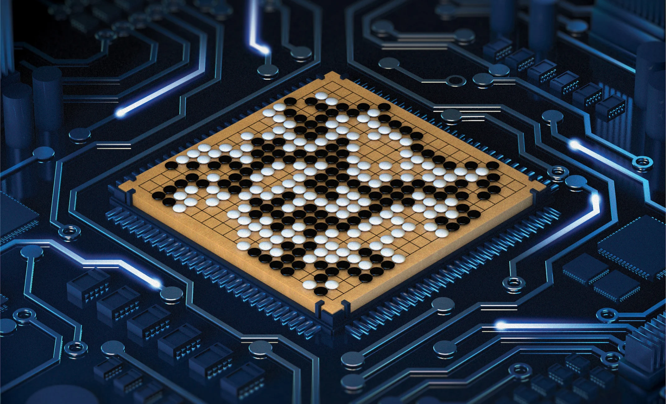 AlphaGo is an example of an AI system that applies machine learning techniques to excel in a kind domain like Go. Picture from https://deepmind.google/research/projects/alphago/